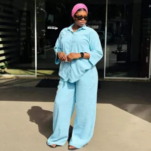 Women Fashion Casual Plus Size Solid Colro Lapel Long Sleeve Blouse Loose Pants African Two-Piece Set