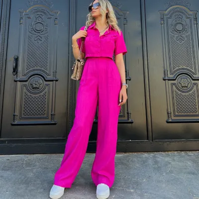 Women Fashion Casual Summer Solid Color Lapel Short-Sleeve Blouse Straight Pants Two-Piece Set