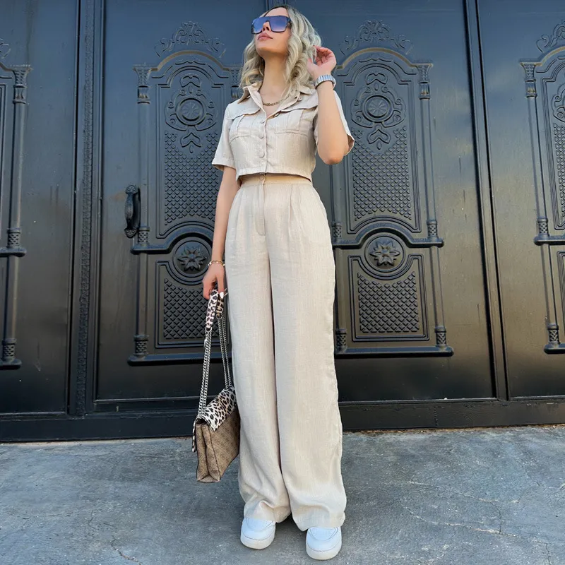 Women Fashion Casual Summer Solid Color Lapel Short-Sleeve Blouse Straight Pants Two-Piece Set