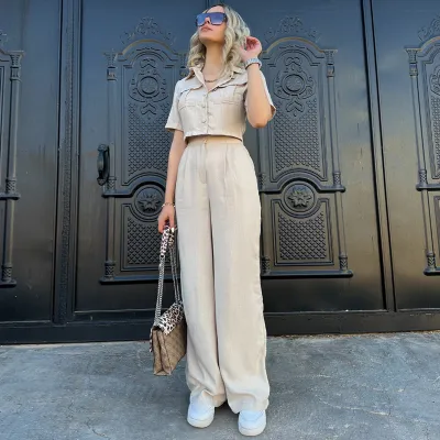 Women Fashion Casual Summer Solid Color Lapel Short-Sleeve Blouse Straight Pants Two-Piece Set