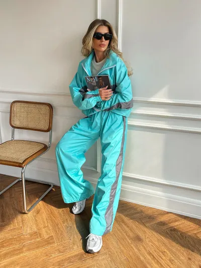 Women'S Fashion Casual Autumn Color Matching Long Sleeve Zipper Cardigan Loose Pants Two-Piece Set