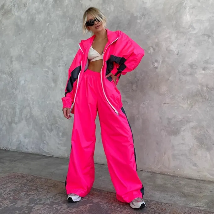 Women'S Fashion Casual Autumn Color Matching Long Sleeve Zipper Cardigan Loose Pants Two-Piece Set