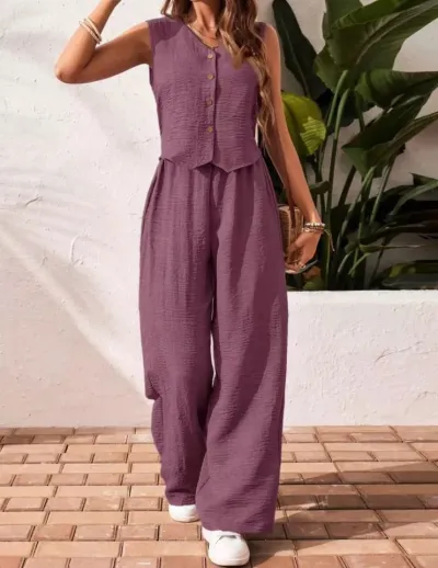 Women Fashion Casual Summer Solid Color Sleeveless Button Vest Wide Leg Pants Two-Piece Set