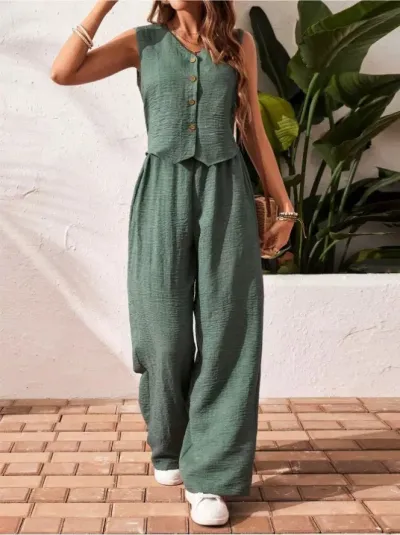 Women Fashion Casual Summer Solid Color Sleeveless Button Vest Wide Leg Pants Two-Piece Set