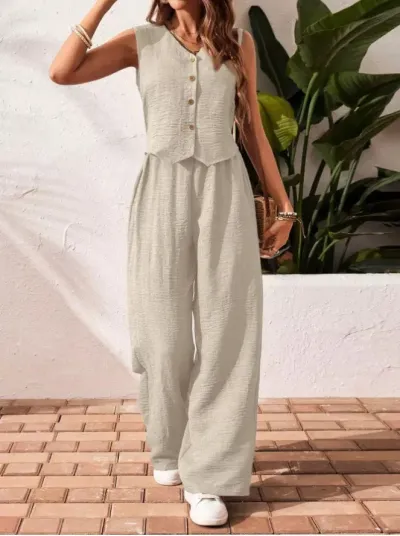 Women Fashion Casual Summer Solid Color Sleeveless Button Vest Wide Leg Pants Two-Piece Set