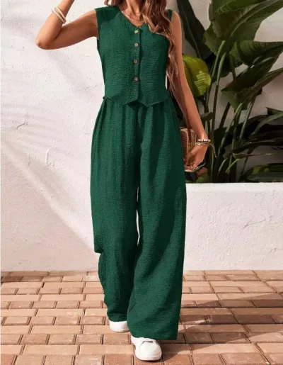 Women Fashion Casual Summer Solid Color Sleeveless Button Vest Wide Leg Pants Two-Piece Set