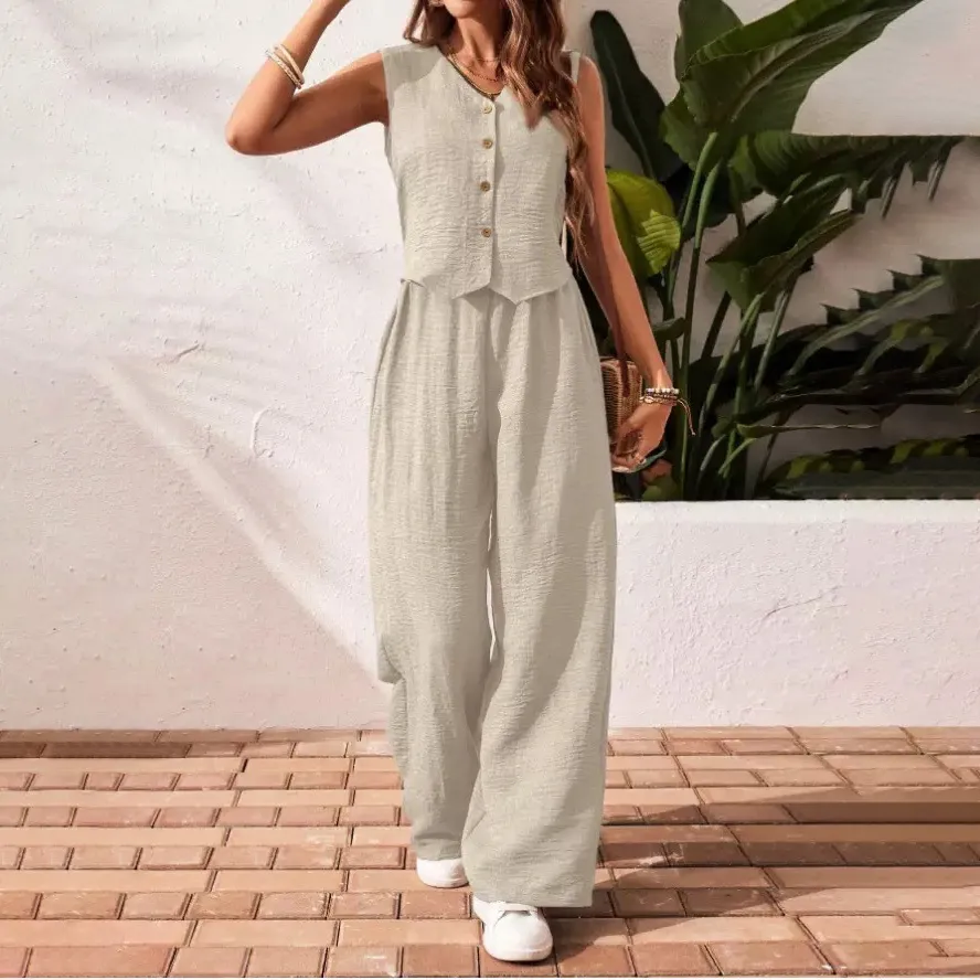 Women Fashion Casual Summer Solid Color Sleeveless Button Vest Wide Leg Pants Two-Piece Set