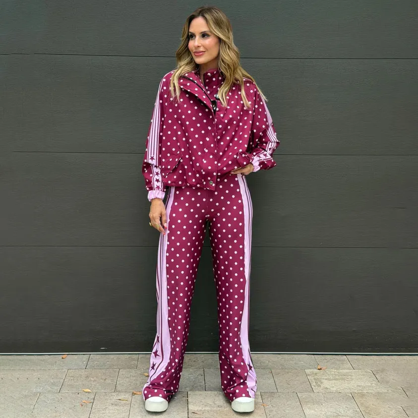 Women Fashion Casual Autumn And Winter Polka Dot Print Drawstring Long-Sleeve Jacket Loose Pants Two-Piece Set