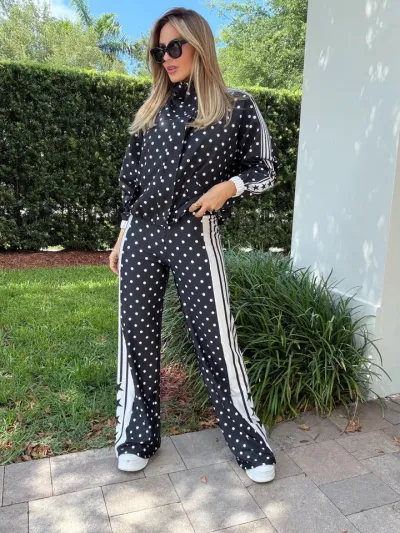 Women Fashion Casual Autumn And Winter Polka Dot Print Drawstring Long-Sleeve Jacket Loose Pants Two-Piece Set