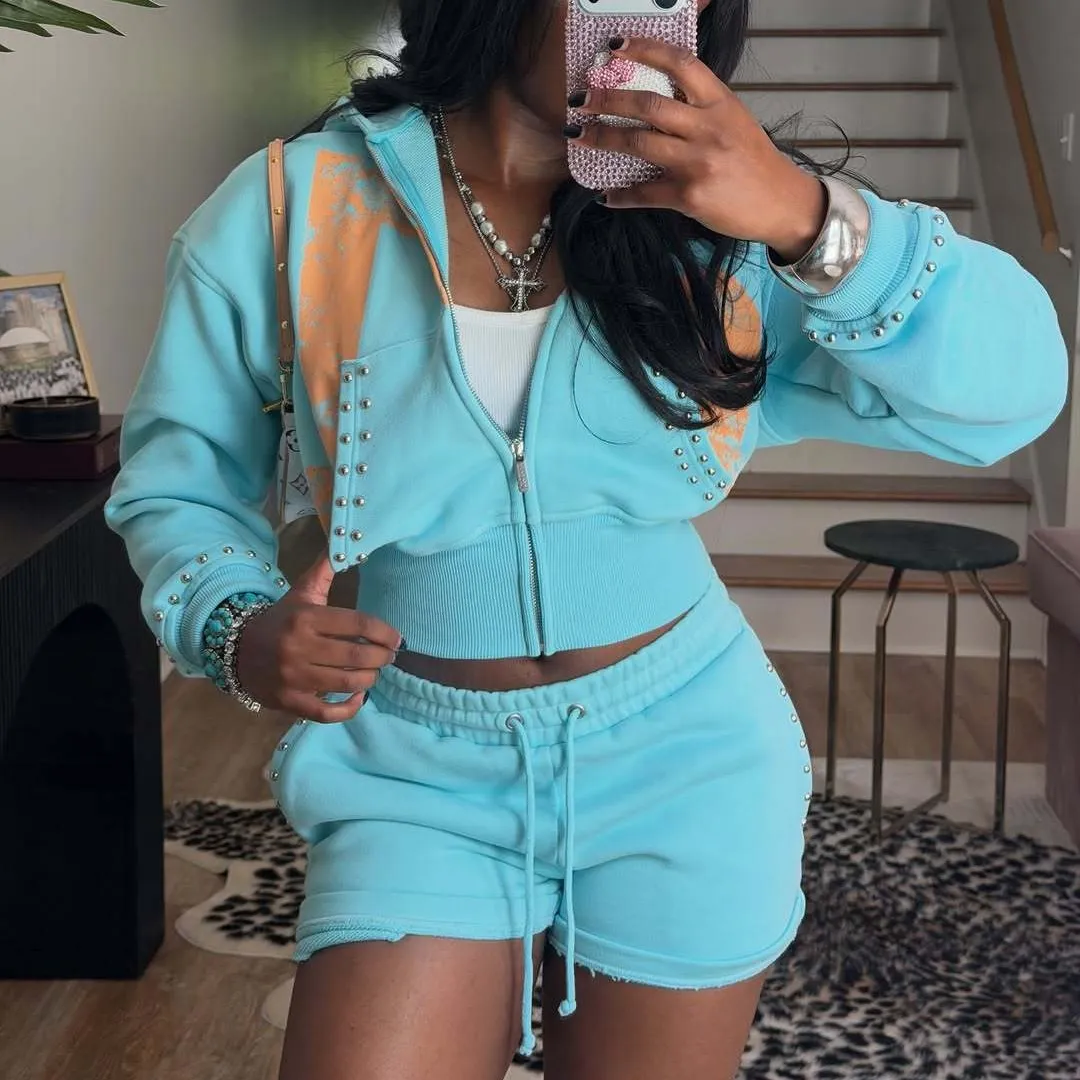 Women Athleisure  Casual Solid Color Beaded Long-Sleeve Zipper Hoodies Loose Shorts Two-Piece Set