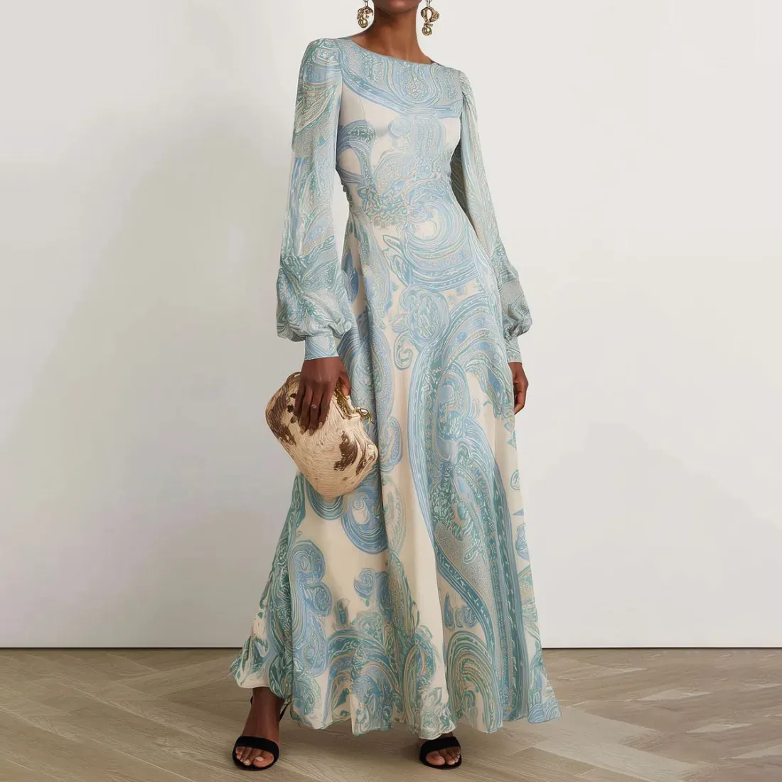Women Fashion Elegant Pattern Printed Round Neck Long Lantern Sleeve Long A- Line Dress