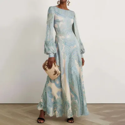 Women Fashion Elegant Pattern Printed Round Neck Long Lantern Sleeve Long A- Line Dress