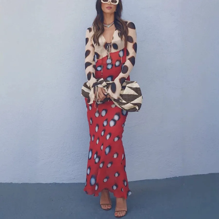 Women Fashion Sexy Leopard Mesh Printed Lace-Up Long Sleeve Stretch Dress