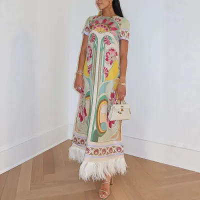 Women Fashion Casual Spring And Summer Positioning Printed Feather Stitching Short-Sleeve Loose Dress
