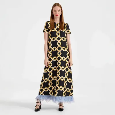 Women Fashion Casual Spring And Summer Positioning Printed Feather Stitching Short-Sleeve Loose Dress