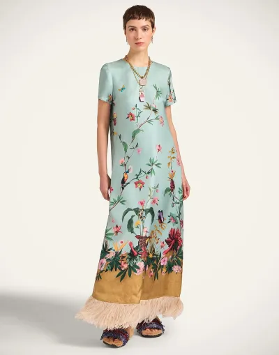 Women Fashion Casual Spring And Summer Positioning Printed Feather Stitching Short-Sleeve Loose Dress