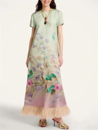Women Fashion Casual Spring And Summer Positioning Printed Feather Stitching Short-Sleeve Loose Dress