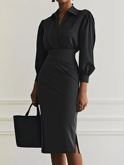 Women Fashion Casual Autumn Solid Color V-Neck Lapel Long-Sleeve Waist Pleated Dress