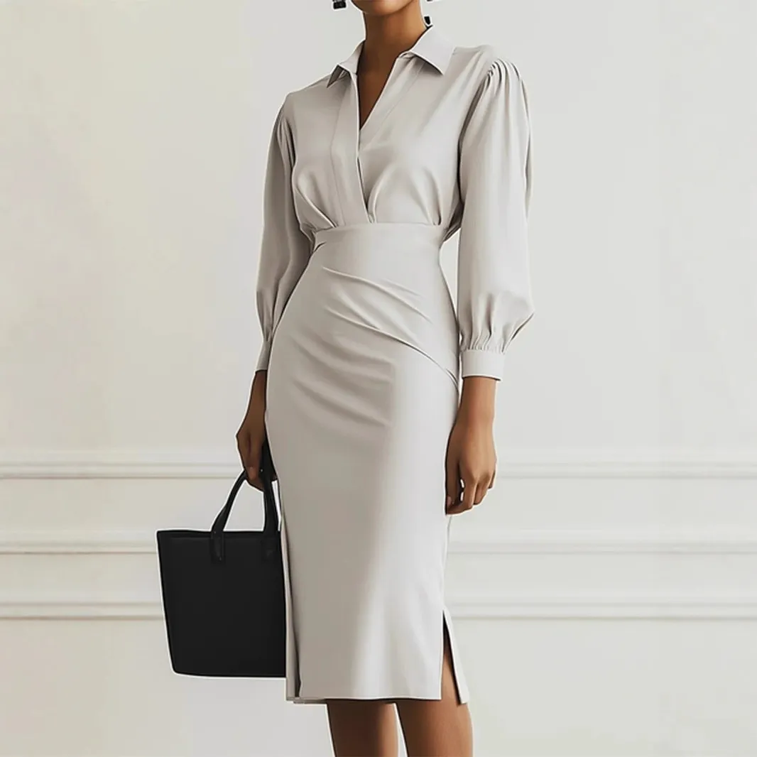 Women Fashion Casual Autumn Solid Color V-Neck Lapel Long-Sleeve Waist Pleated Dress