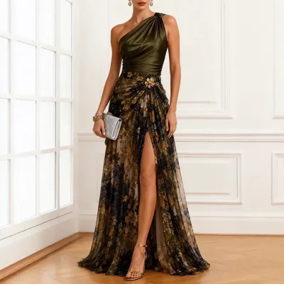 Women Fashion Sexy Printed Stitching Sloping Shoulders Sloping Shoulders Split Party Dress