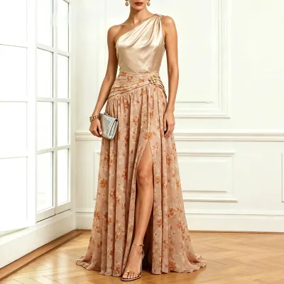 Women Fashion Sexy Printed Stitching Sloping Shoulders Sloping Shoulders Split Party Dress