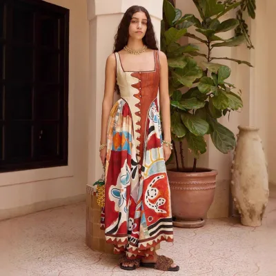 Women Fashion Casual Vacation Printed Linen Sleeveless Loose Dress