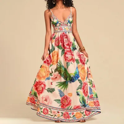 Women Fashion Casual Summer Flower Printed V-Neck Spaghetti Straps A-Line Dress