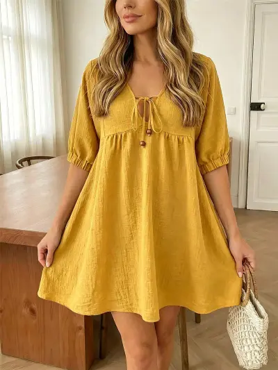 Women Fashion Casual Summer Solid Color Lace-Up Bubble Sleeve Pleated Loose Dress