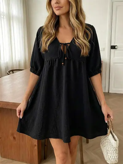 Women Fashion Casual Summer Solid Color Lace-Up Bubble Sleeve Pleated Loose Dress