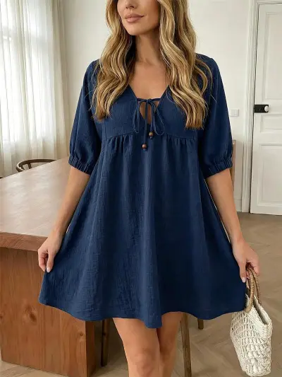 Women Fashion Casual Summer Solid Color Lace-Up Bubble Sleeve Pleated Loose Dress