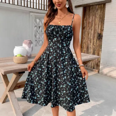 Women'S Fashion Sexy Spring And Summer Floral Print Spaghetti Straps A-Line Dress