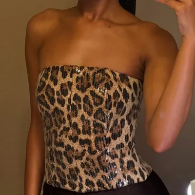 Women Fashion Sexy Summer Leopard Beaded High Waist Zipper Tube Top