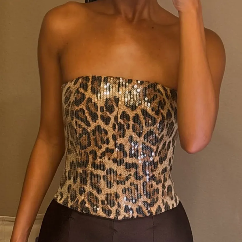 Women Fashion Sexy Summer Leopard Beaded High Waist Zipper Tube Top