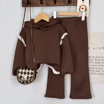 Kids Girls' Fashion Casual Solid Color Autumn And Winter Lace Stitching Long-Sleeve Hoodies Pants Two-Piece Set