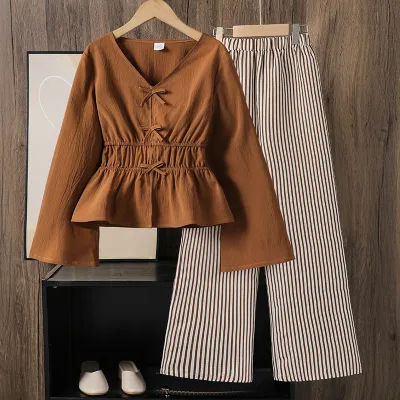 Kids Girls Fashion Casual Spring Solid Color V-Neck Long Horn Sleeve Tight Waist Top Stripe Wide Leg Pants Two-Piece Set