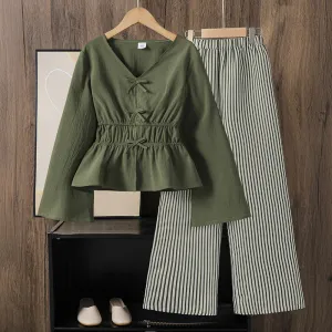 Kids Girls Fashion Casual Spring Solid Color V-Neck Long Horn Sleeve Tight Waist Top Stripe Wide Leg Pants Two-Piece Set