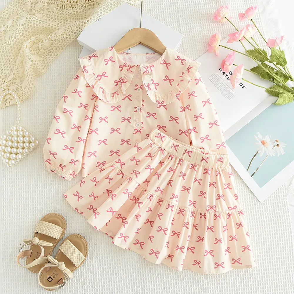Kids Girls Fashion Casual Spring And Autumn Bow Printed Lapel Long-Sleeve Shirt Ruffled Skirt Two-Piece Set