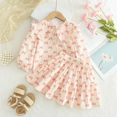 Kids Girls Fashion Casual Spring And Autumn Bow Printed Lapel Long-Sleeve Shirt Ruffled Skirt Two-Piece Set