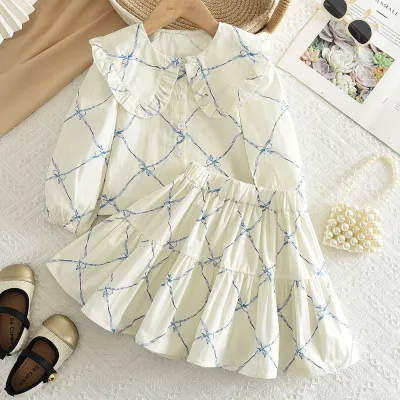 Kids Girls Fashion Casual Spring And Autumn Bow Printed Lapel Long-Sleeve Shirt Ruffled Skirt Two-Piece Set