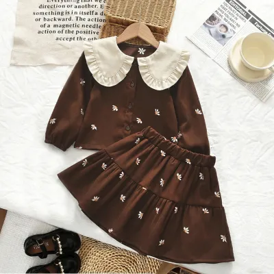 Kids Girls Fashion Spring Floral Embroidered Lapel Long-Sleeve Top Ruffled Mini Skirt Two-Piece Set