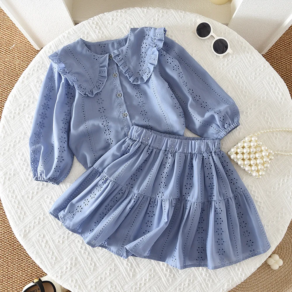 Kids Girls Fashion Spring Floral Embroidered Lapel Long-Sleeve Top Ruffled Mini Skirt Two-Piece Set