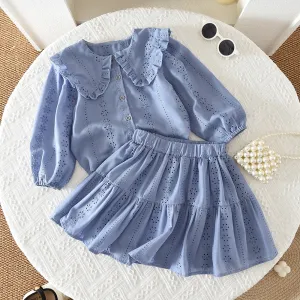 Kids Girls Fashion Spring Floral Embroidered Lapel Long-Sleeve Top Ruffled Mini Skirt Two-Piece Set
