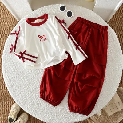 Kids Girls' Fashion Casual Spring And Autumn Color-Block Bow Long-Sleeve Top Pants Two-Piece Set