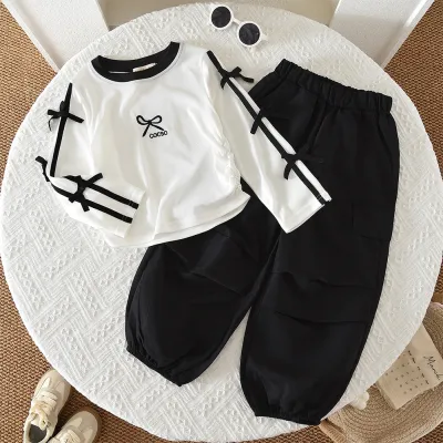 Kids Girls' Fashion Casual Spring And Autumn Color-Block Bow Long-Sleeve Top Pants Two-Piece Set