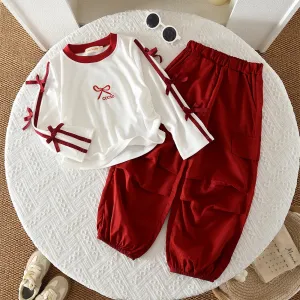 Kids Girls' Fashion Casual Spring And Autumn Color-Block Bow Long-Sleeve Top Pants Two-Piece Set