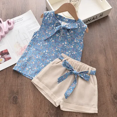 Kids Girls Fashion Casual Summer Flower Printed Sleeveless Tank Top Loose Shorts Two-Piece Set