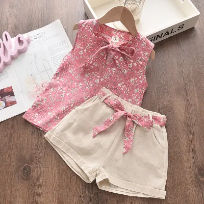 Kids Girls Fashion Casual Summer Flower Printed Sleeveless Tank Top Loose Shorts Two-Piece Set