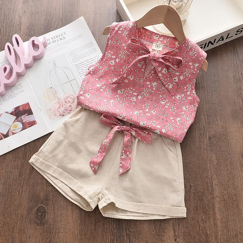 Kids Girls Fashion Casual Summer Flower Printed Sleeveless Tank Top Loose Shorts Two-Piece Set