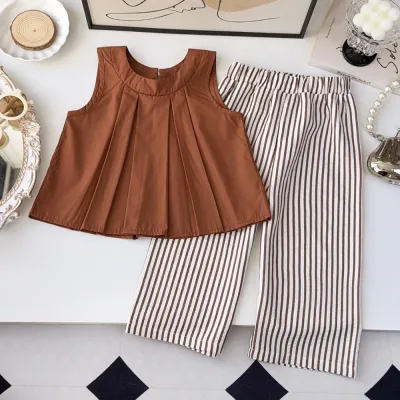 Kids Girls' Fashion Casual Summer Solid Color Sleeveless Tank Top Wide Leg Pants Two-Piece Set