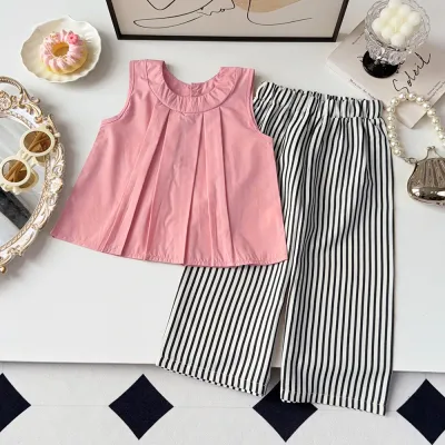 Kids Girls' Fashion Casual Summer Solid Color Sleeveless Tank Top Wide Leg Pants Two-Piece Set